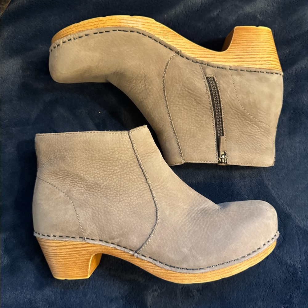 Dansko Gray Mules with Wooden Heel